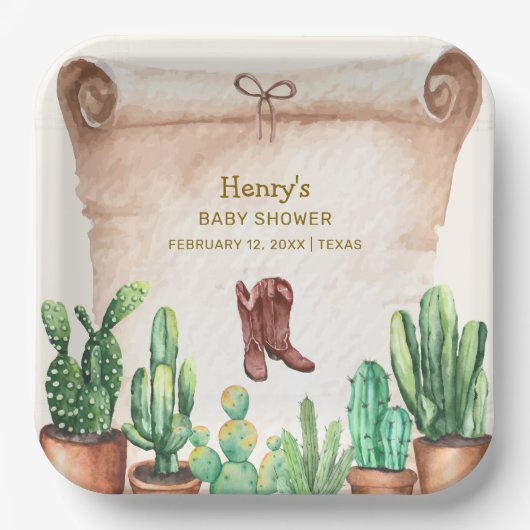  Desert Cactus Cowboy Boots Baby shower Papieren Bordje (Voorkant)