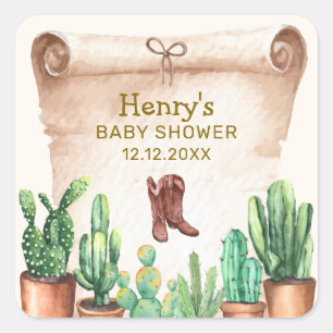  Desert Cactus Cowboy Boots Baby shower Vierkante Sticker