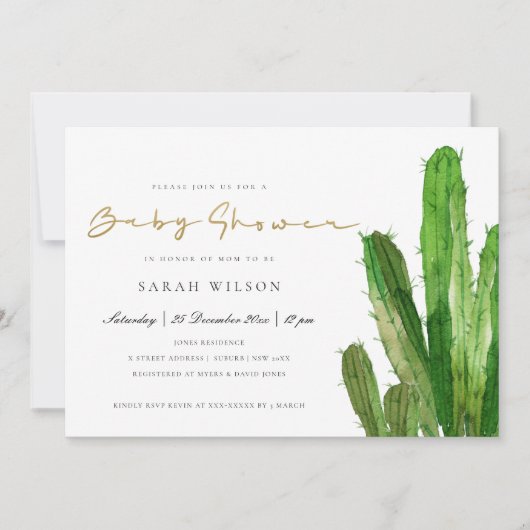 DESERT CACTUS FOLIAGE GOLD WATERVERF BABY SHOWER KAART (Voorkant)