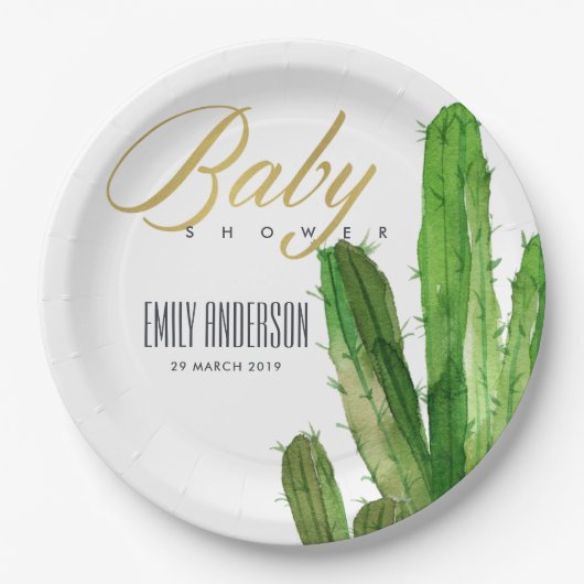 DESERT CACTUS FOLIAGE WATERVERF BABY SHOWER PAPIEREN BORDJE (Voorkant)
