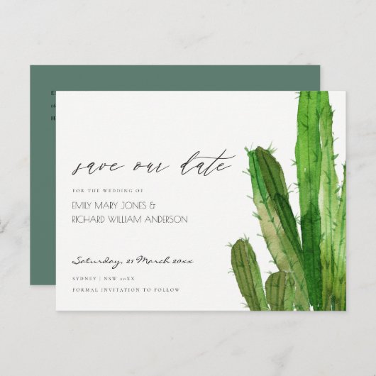 DESERT CACTUS FOLIAGE-WATERVERF BEWAREN DE DATUM AANKONDIGINGSKAART (Voorkant / Achterkant)
