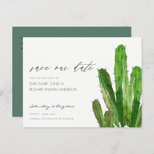 DESERT CACTUS FOLIAGE-WATERVERF BEWAREN DE DATUM AANKONDIGINGSKAART (Voorkant / Achterkant)