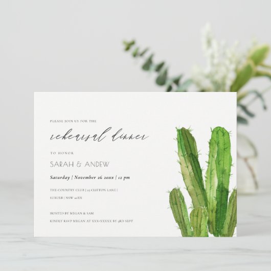 DESERT CACTUS FOLIAGE WATERVERF REHEARSAL DINNER KAART (Staand voorkant)