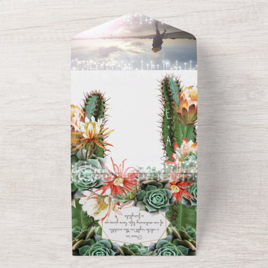 Desert Cactus Geometrisch Goud Lijst Bruiloft All In One Uitnodiging (Buitenkant)