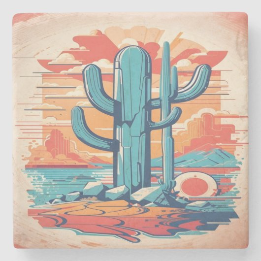Desert Cactus Illustratie Groot Stenen Onderzetter (Voorkant)