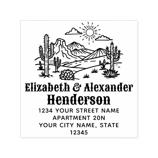 Desert Cactus Landschap #3S SQ Naam Retouradres Zelfinktende Stempel (Design)