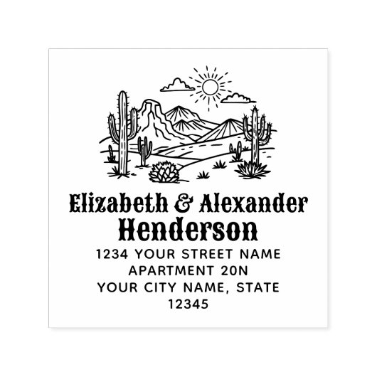 Desert Cactus Landschap #3S SQ Naam Retouradres Zelfinktende Stempel (Design)