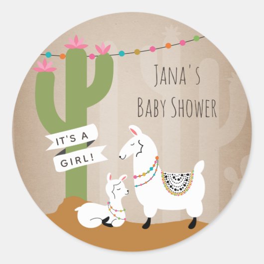 Desert Cactus Llamas Girl Baby shower Ronde Sticker (Voorkant)