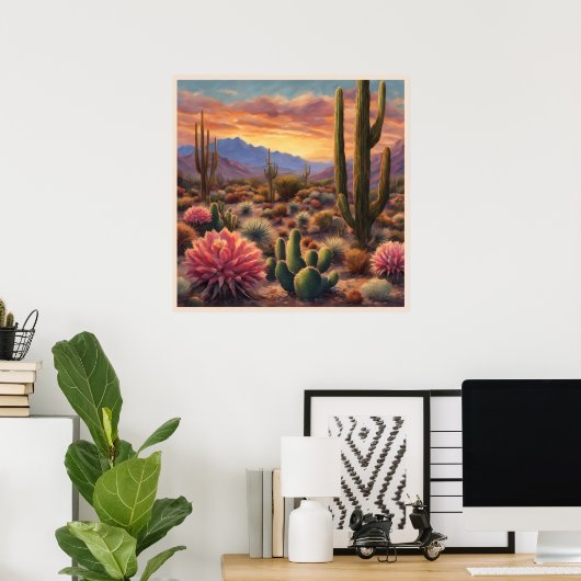 Desert Cactus Mountain Sunrise dramatische verklar Poster (Thuiskantoor)