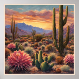 Desert Cactus Mountain Sunrise dramatische verklar Poster