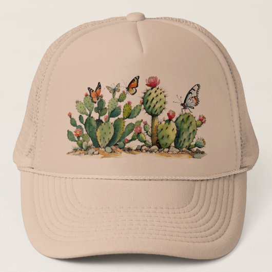 Desert Cactus Prickly Pear Planten met Vlinders Trucker Pet (Voorkant)