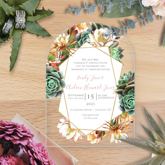 Desert Cactus Succulent Geometrisch Goud Trouwen Acryl Uitnodigingen