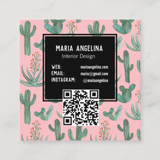 Desert Cactus & Succulents Waterverf QR Code Roze Vierkante Visitekaartje (Achterkant)