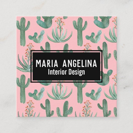 Desert Cactus & Succulents Waterverf QR Code Roze Vierkante Visitekaartje (Voorkant)