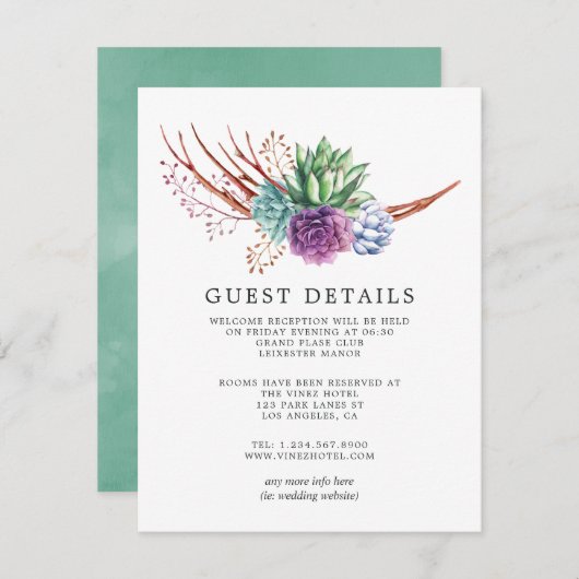 Desert Cactus Succulents Wedding Guest Details Informatiekaartje (Voorkant / Achterkant)