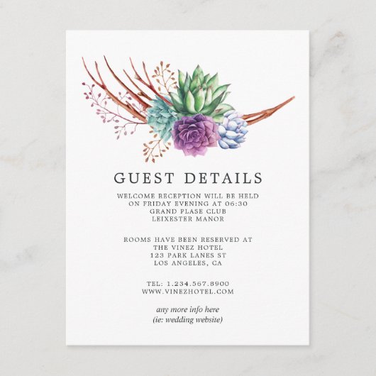 Desert Cactus Succulents Wedding Guest Details Informatiekaartje (Voorkant)