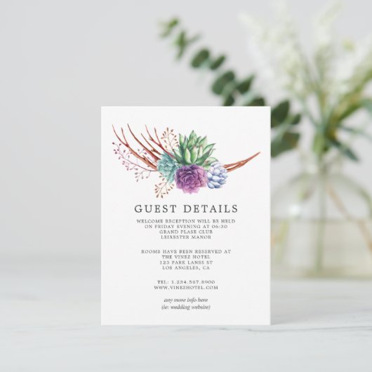 Desert Cactus Succulents Wedding Guest Details Informatiekaartje (Staand voorkant)
