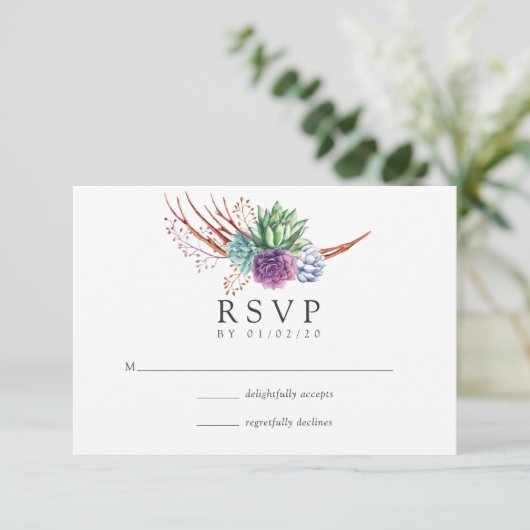 Desert Cactus Succulents Wedding RSVP Kaartje (Staand voorkant)