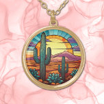 Desert Cactus Sunset Glas in lood Goud Vergulden Ketting<br><div class="desc">Op deze bijzondere oorbellen staat het prachtige afbeelding van woestijncactus voor een stralende zonsondergang over paarse bergen. De belangrijkste kleuren zijn blauw,  sinaasappel,  goud en groen. Elegant,  helder en kleurrijk! Zorg ervoor dat je de bijpassende oorbellen en sleutelhanger in onze winkel ziet.</div>