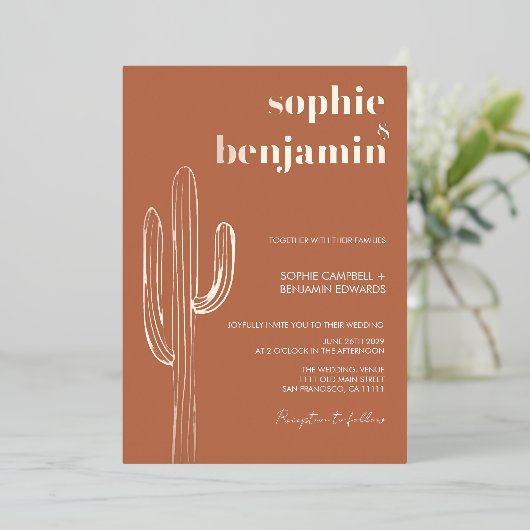 Desert Cactus Terracotta Retro Wedding Roos Gold Folie Uitnodiging (Staand Voorkant)
