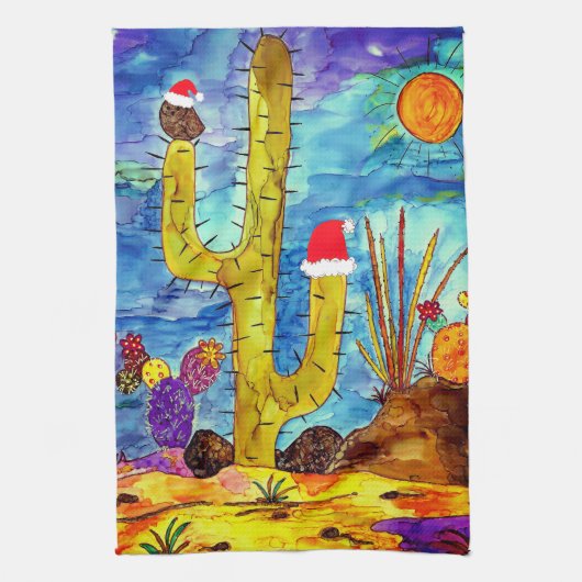 Desert Cactus Uil in een Kerst Pet Keuken Handdoek (Verticaal)