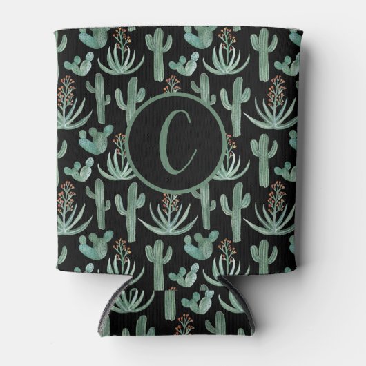 Desert Cactus Waterverf CUSTOM Initialen Black Blikjeskoeler (Voorkant)