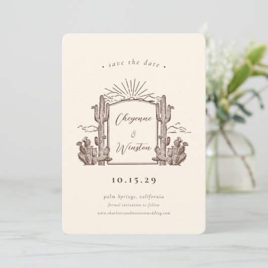 Desert Cactus Western Monogram Bewaar de datum Kaart (Staand voorkant)