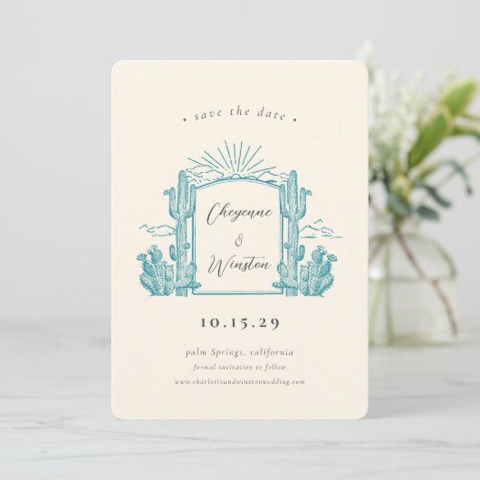 Desert Cactus Western Monogram Bewaar de datum Kaart (Staand voorkant)