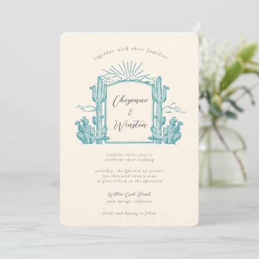 Desert Cactus Western Monogram Trouwen Kaart (Staand voorkant)