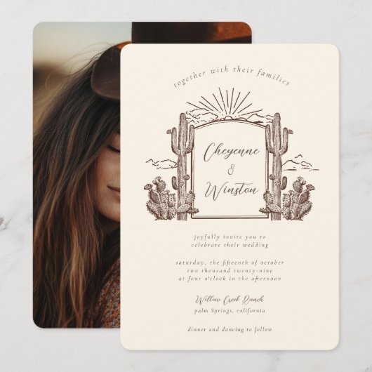 Desert Cactus Western Monogram Trouwen Kaart (Voorkant / Achterkant)