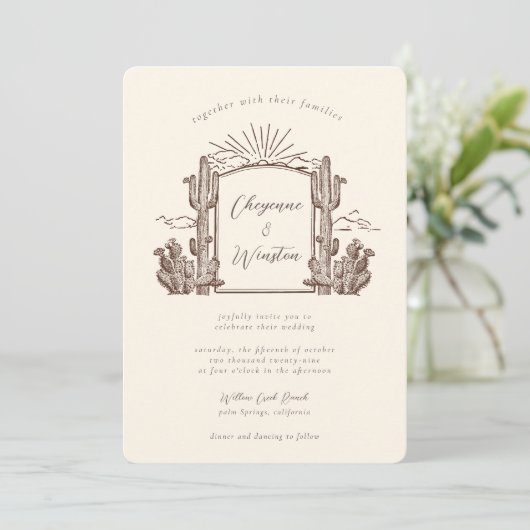 Desert Cactus Western Monogram Trouwen Kaart (Staand voorkant)