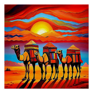 Desert Camel Caravan bij zonsondergang 1 Perfect Poster