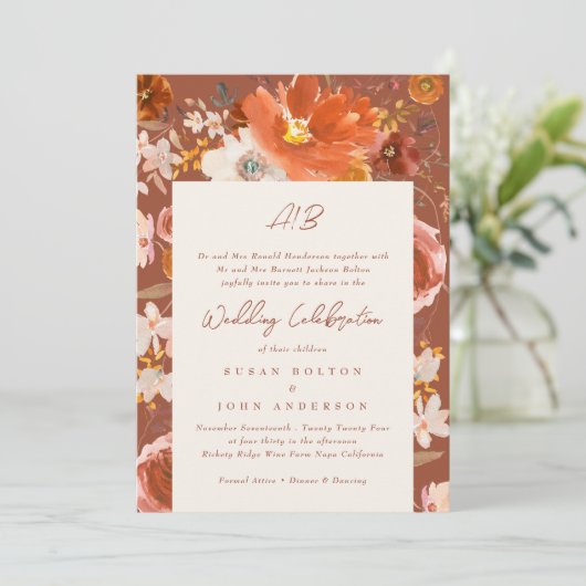 Desert Cream Terracotta Monogram Floral Lijst Kaart (Staand voorkant)