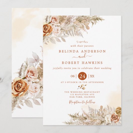 Desert Earthy Herfst Boho Roos Pampas Grass Weddin Kaart (Voorkant / Achterkant)