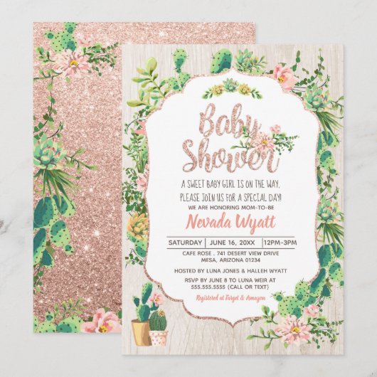 Desert Flower and Roos Gold Baby shower Invitation Kaart (Voorkant / Achterkant)