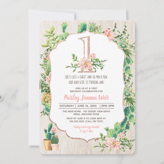 Desert Flower Glitter 1 - Eerste verjaardag Uitnod Kaart (Voorkant)