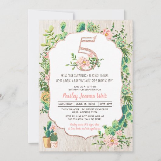 Desert Flower Glitter 5 5th Birthday Invitation Kaart (Voorkant)