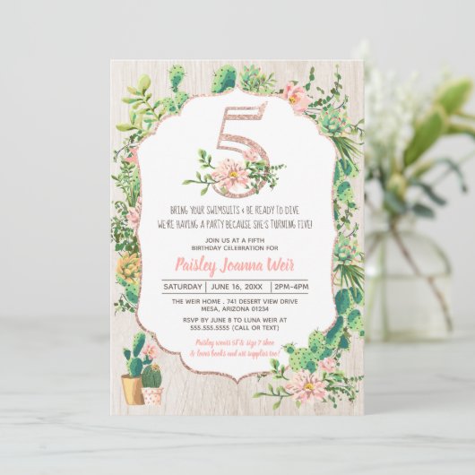 Desert Flower Glitter 5 5th Birthday Invitation Kaart (Staand voorkant)
