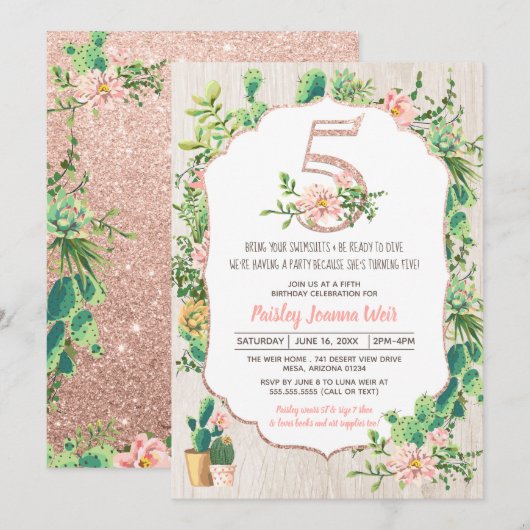 Desert Flower Glitter 5 5th Birthday Invitation Kaart (Voorkant / Achterkant)