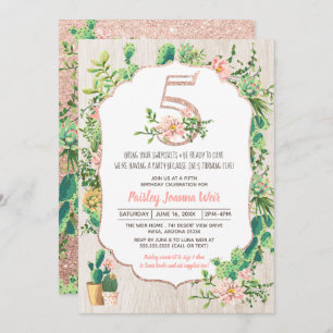 Desert Flower Glitter 5 5th Birthday Invitation Kaart