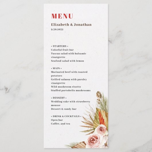 Desert gedroogde bloemen romantische boho terracot menu (Voorkant)