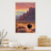 Desert Lone Buffalo Kleurrijke Sunrise Art Landsch Poster (Keuken)