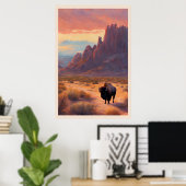 Desert Lone Buffalo Kleurrijke Sunrise Art Landsch Poster (Thuiskantoor)