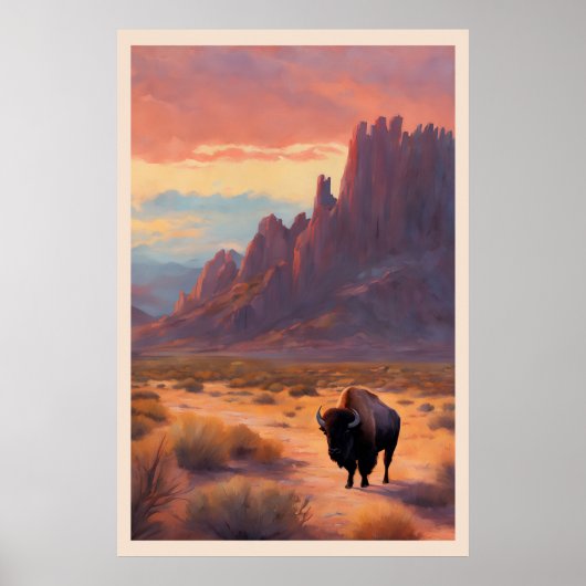 Desert Lone Buffalo Kleurrijke Sunrise Art Landsch Poster (Voorkant)