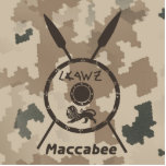 Desert Maccabee Shield and Spears Fotobeeldje Magneet<br><div class="desc">Een bruine militaire "gematigde" stijl die een Maccabee schild en twee speerpunten op een woestijncamo achtergrond weergeeft. Het schild is voorzien van een leeuw en een tekst met de tekst "Yisrael" (Israël) in het alfabet Paleo-Hebreeuw. De Engelse tekst met de tekst "Maccabee" verschijnt ook.</div>