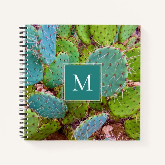 Desert Monogram Prickly Pear Cactus Blauwgroen Gro Notitieboek (Voorkant)