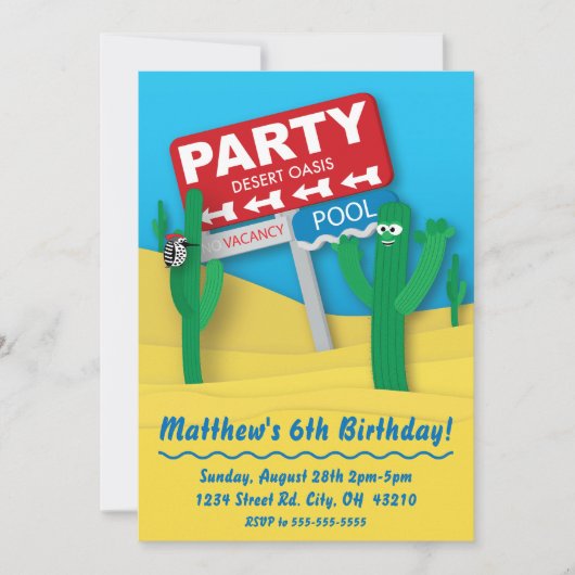 Desert Oasis Pool Party Invitation- Bewerkbare Kaa Kaart (Voorkant)
