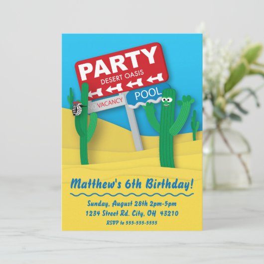 Desert Oasis Pool Party Invitation- Bewerkbare Kaa Kaart (Staand voorkant)
