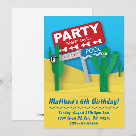 Desert Oasis Pool Party Invitation- Bewerkbare Kaa Kaart (Voorkant / Achterkant)