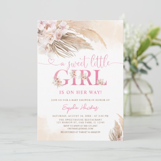 Desert Pink Boho Pampas Grass Girl Baby shower Kaart (Staand voorkant)